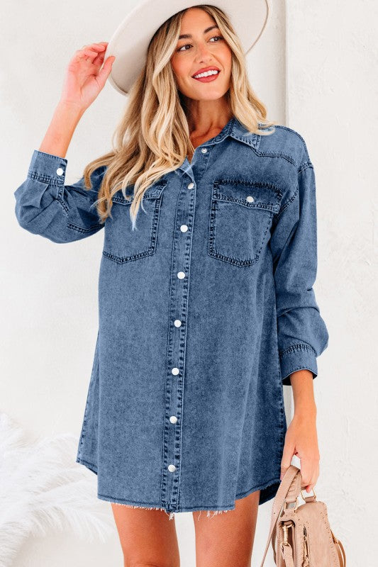Solid Denim Chest Pocket Raw Hem Shirt Dress 