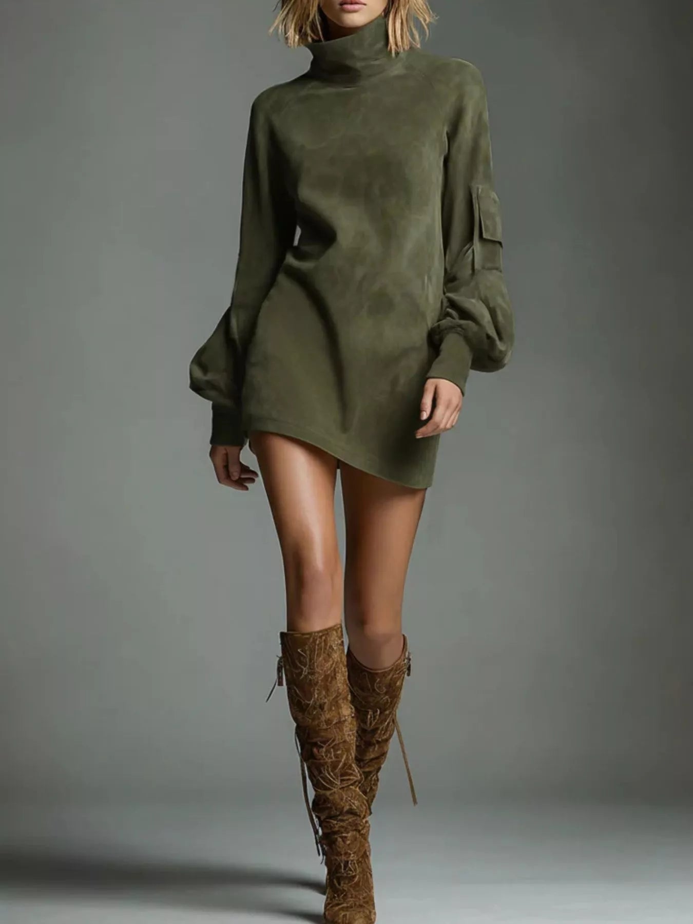Turtleneck Lantern Sleeve Mini Dress with Pockets 