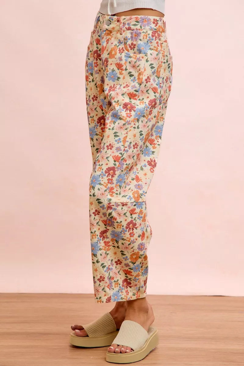 BiBi Washed Floral Printed Twill Barrel Pants Trendsi