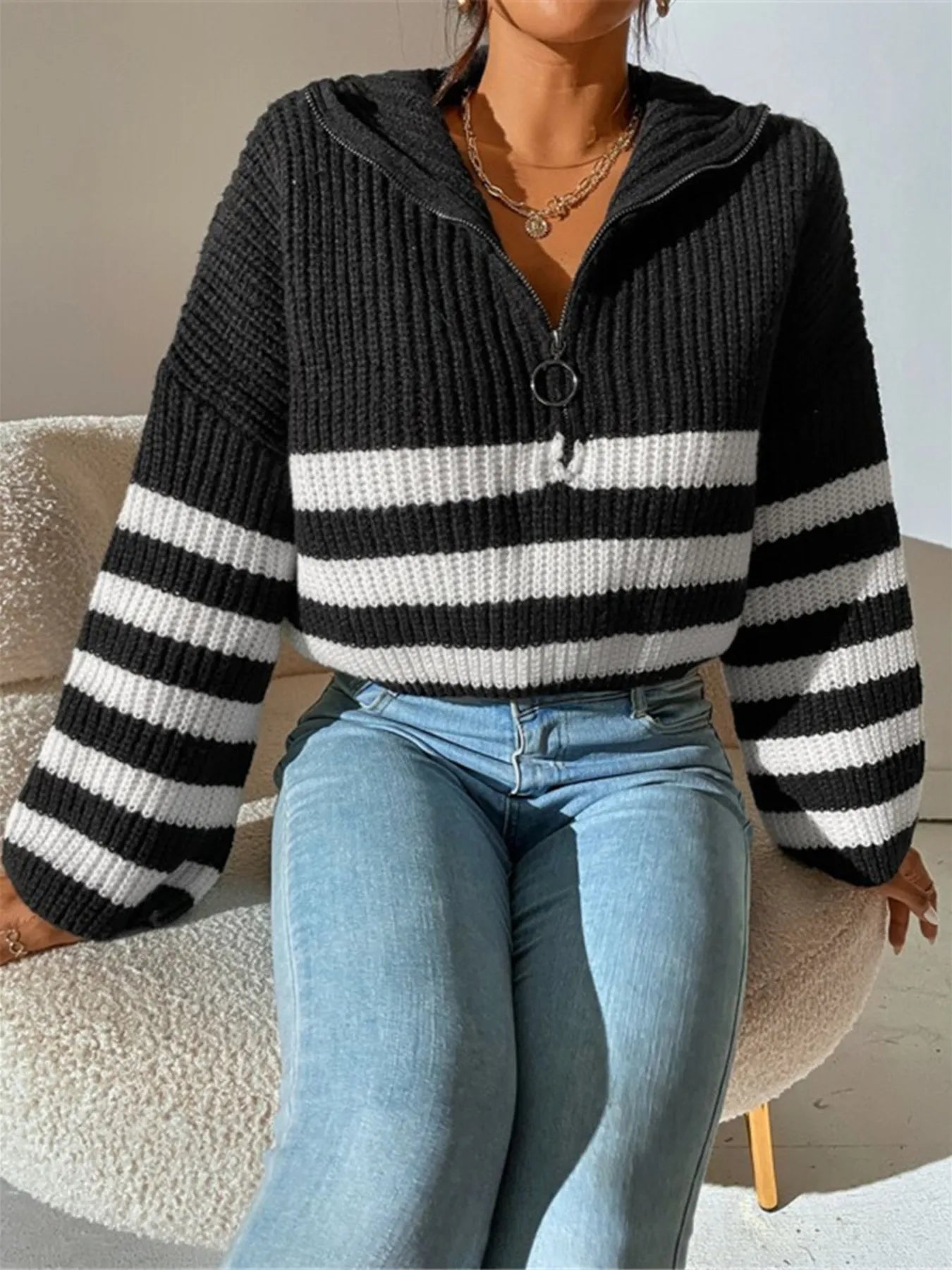 Striped Half Zip Cropped Sweater 