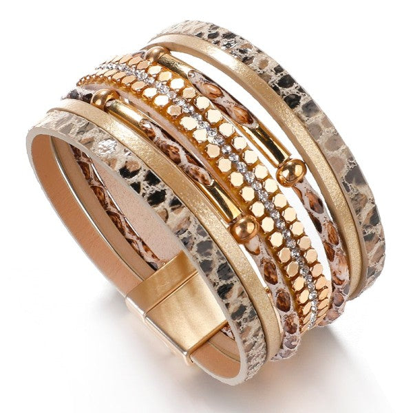 Snakeskin Leather Gold Bead Magnetic Close 