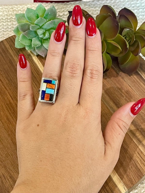Handmade Sterling Silver & Multi Stone Inlay Ring 