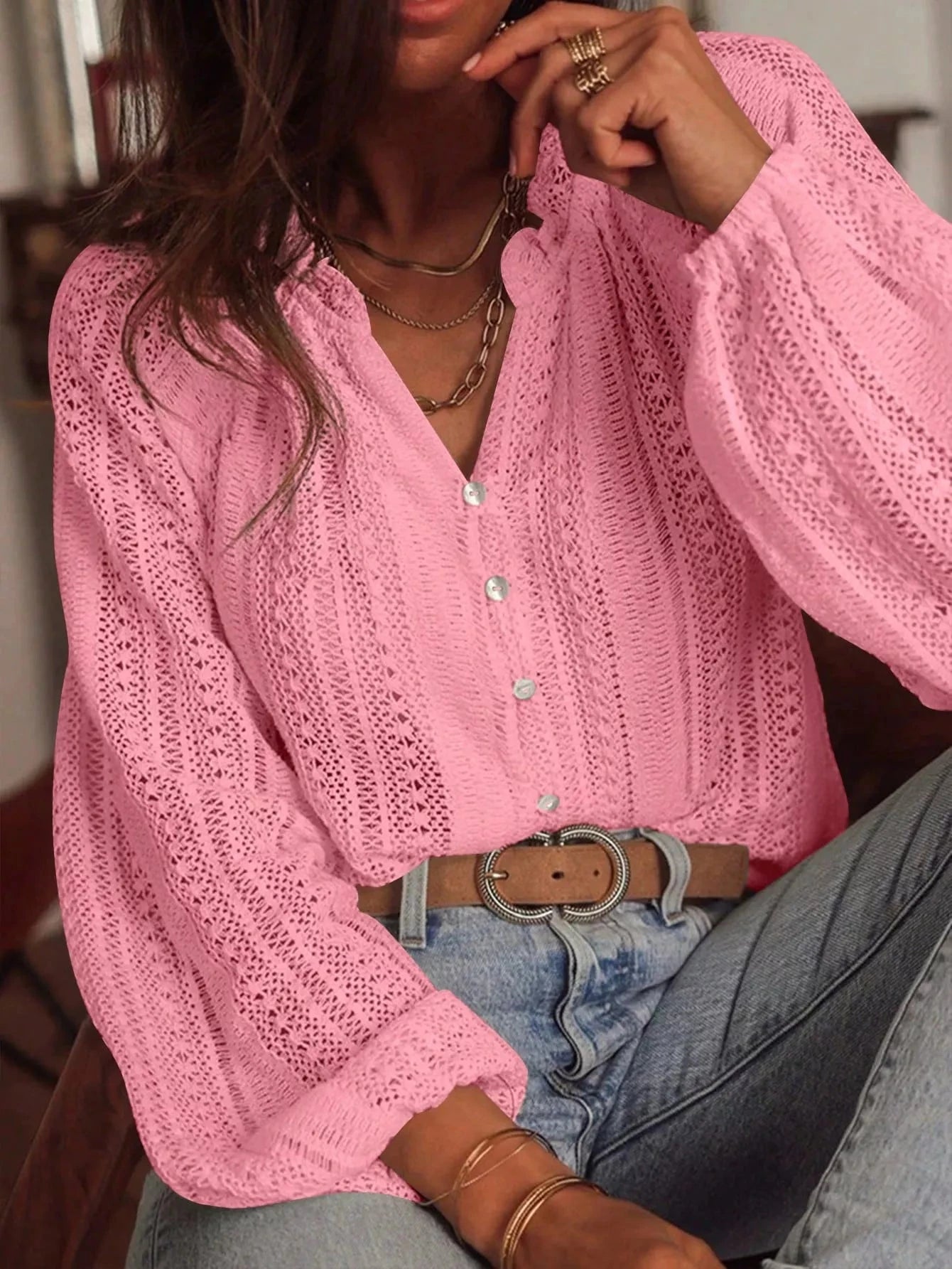 Lace Notched Long Sleeve Shirt 