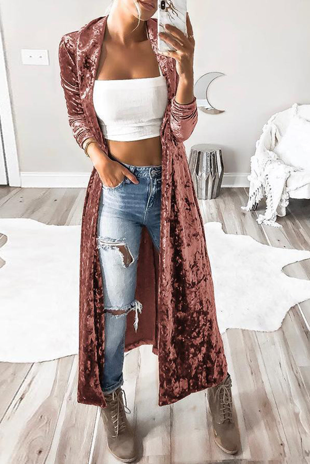 Open Front Long Sleeve Longline Velvet Cardigan 