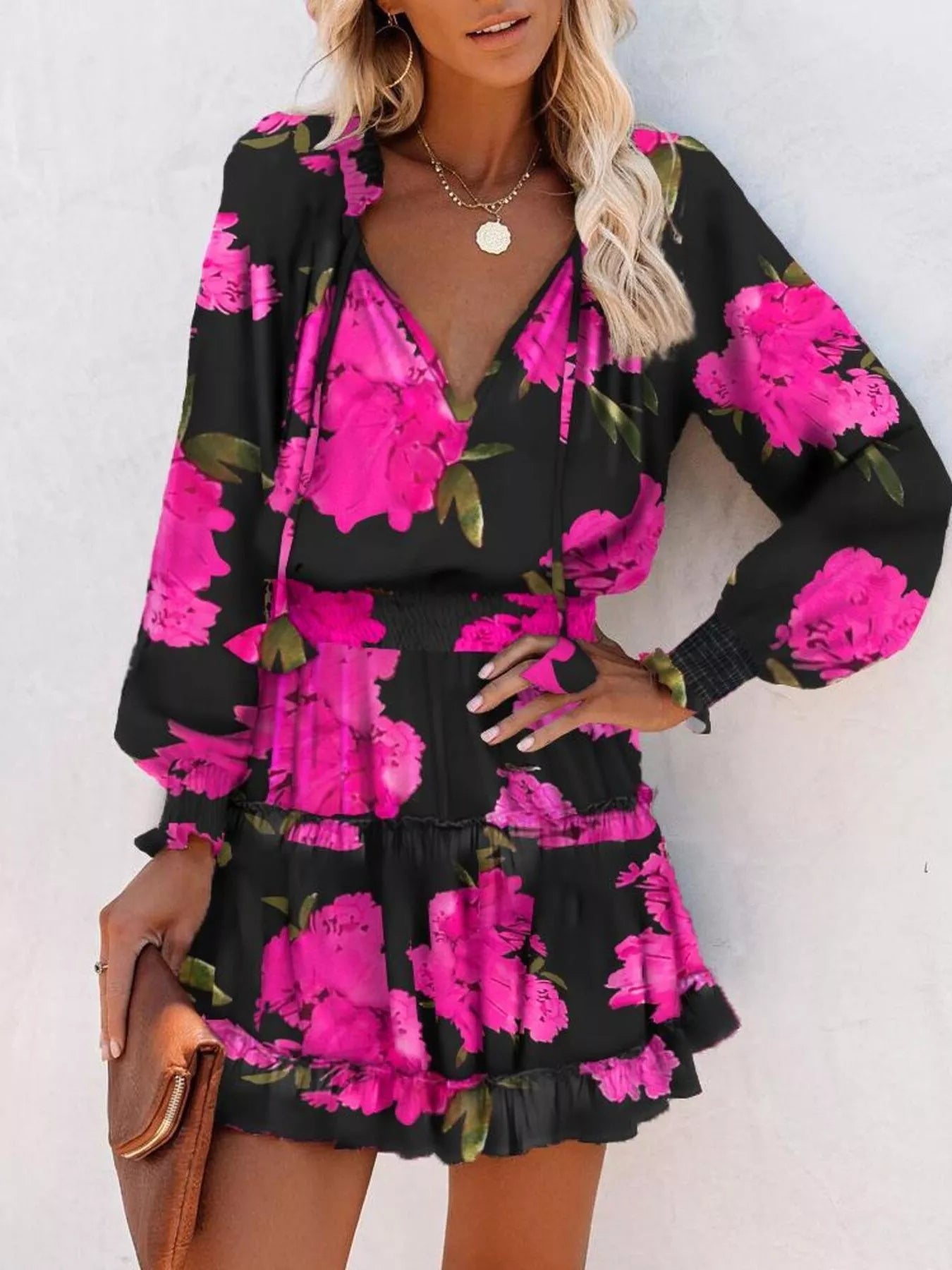 Tie Neck Lantern Sleeve Dress Trendsi