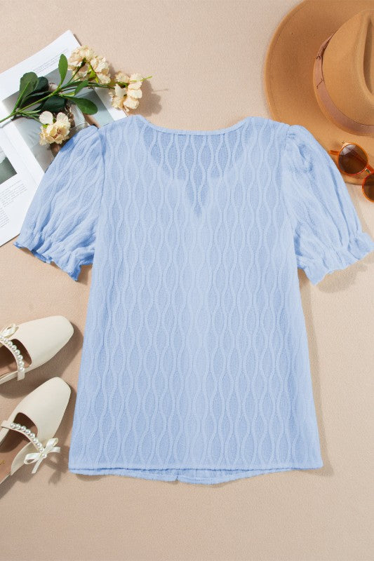 Solid Textured Notch Neck Puff Sleeve Blouse JUNIPER BLVD