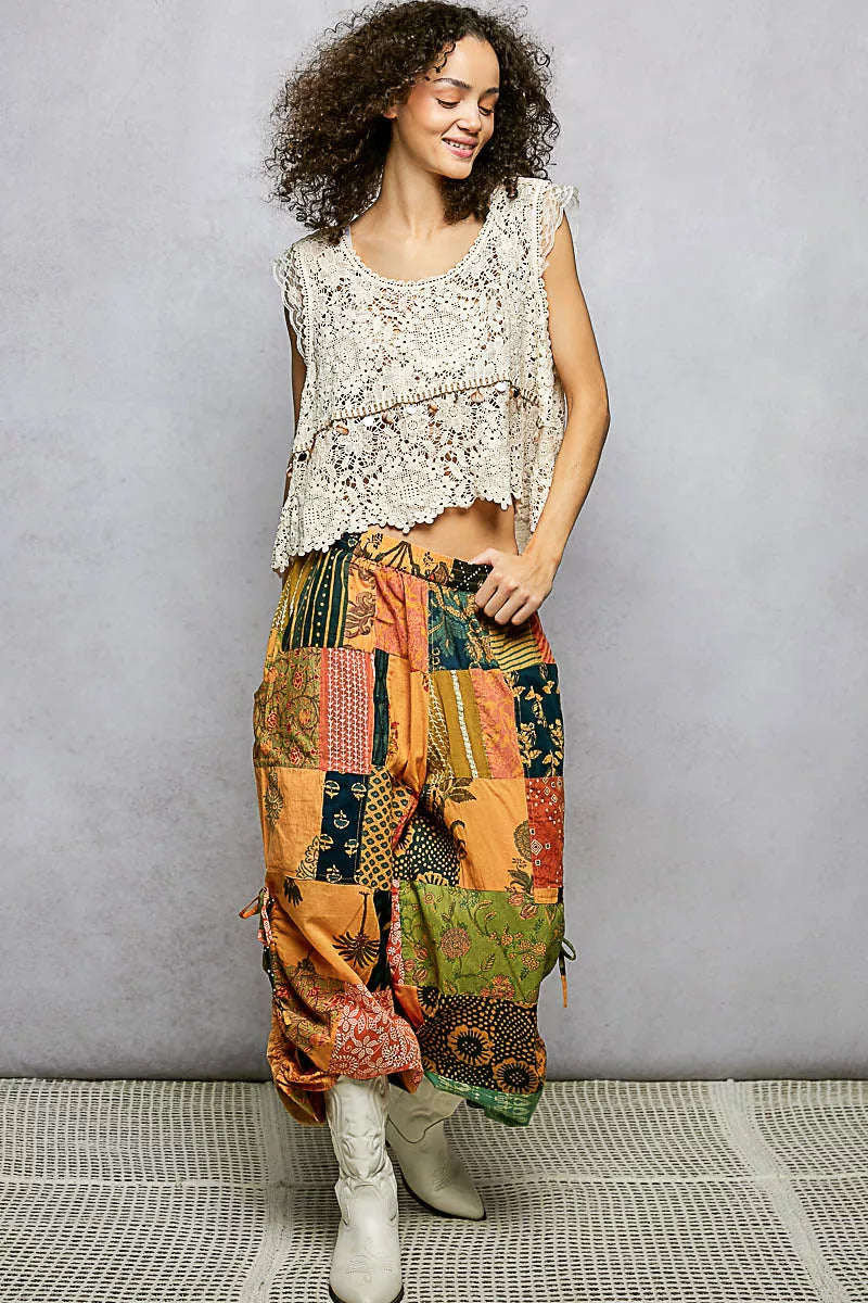 POL Printed Patchwork Wide Leg Pants with Adjustable Side Drawstring Trendsi