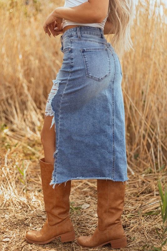 Denim Distressed Midi Skirt JUNIPER BLVD