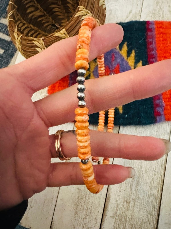 Navajo Orange Spiny & Sterling Silver Beaded Wrap 