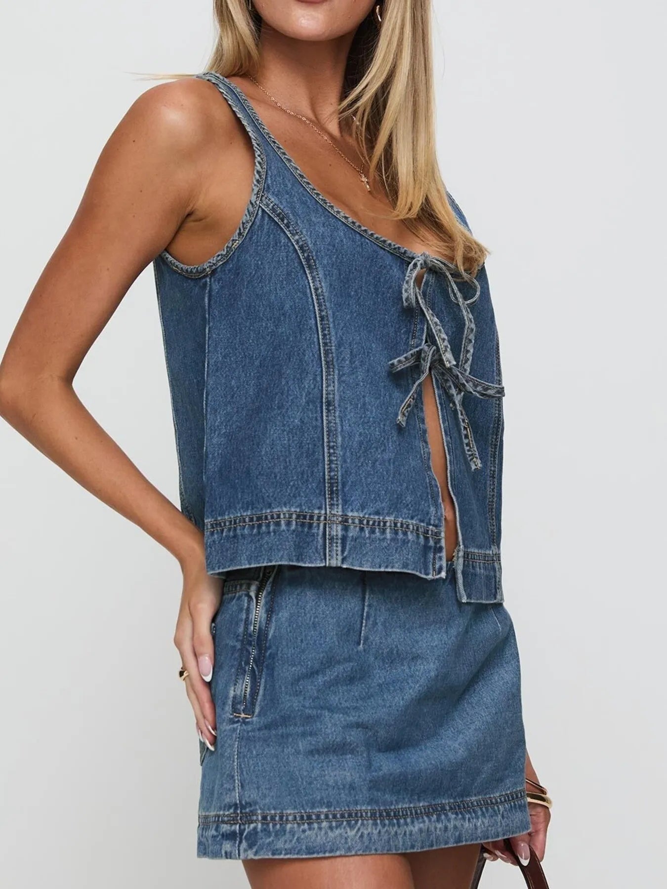 Tie Front Tank and Skirt Denim Set 