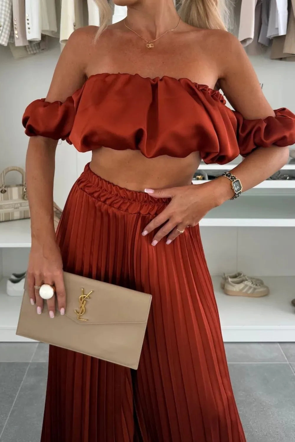 Off-Shoulder Top and Pleated Pants Set Luckygirlsclothingcompany.com
