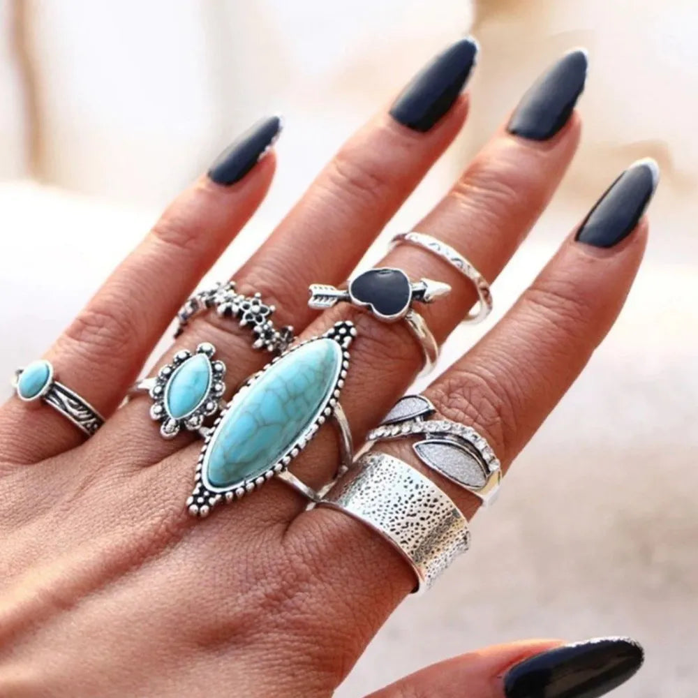 Turquoise Alloy 8-Piece Ring Set Trendsi