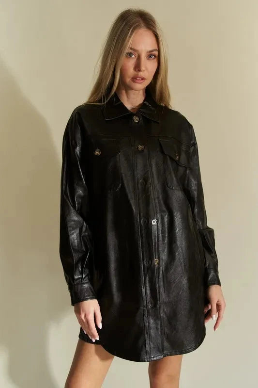 Davi & Dani Faux Leather Button Up Jacket with Chest Pockets 