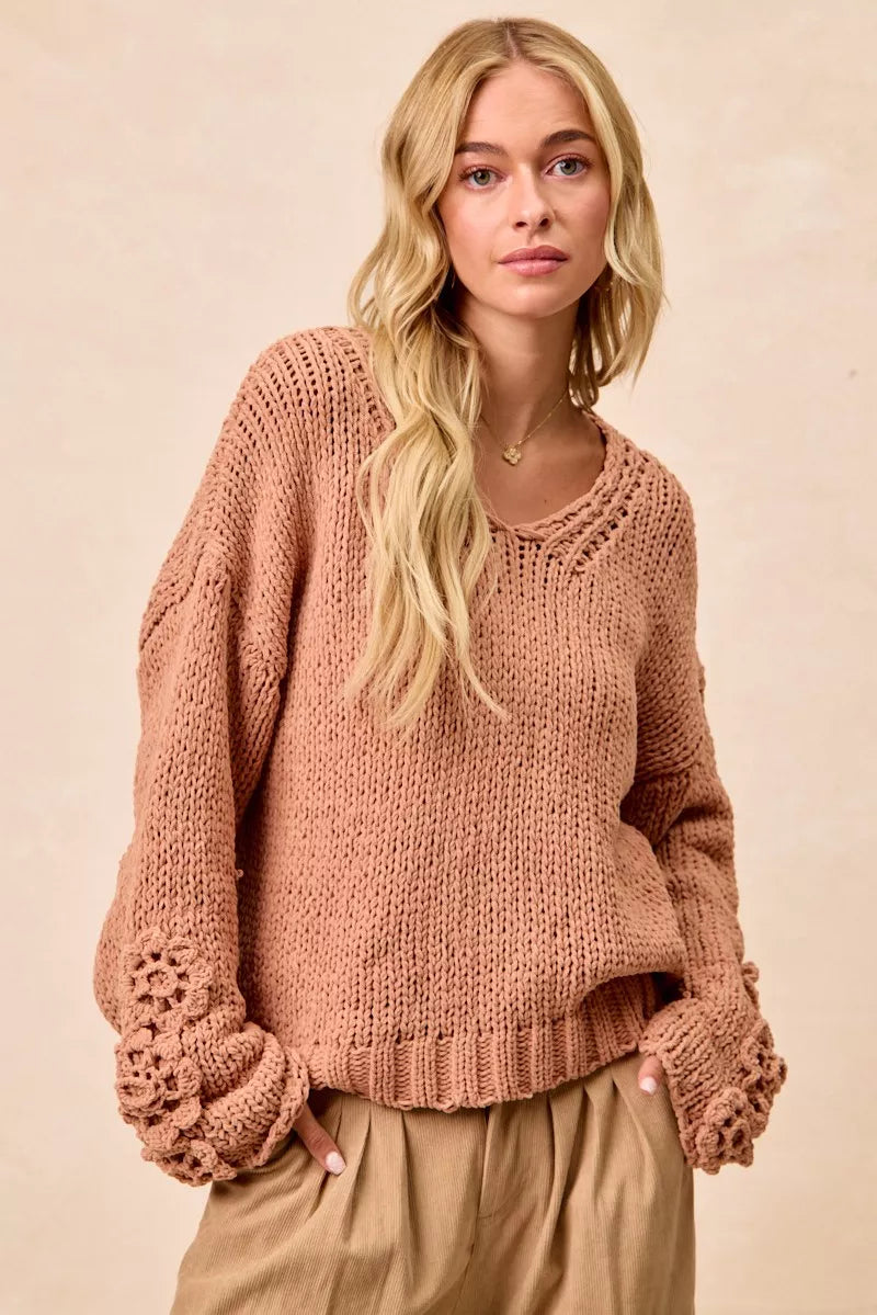 BiBi Chunky Knit Sweater with Flower Detail Sleeves Trendsi