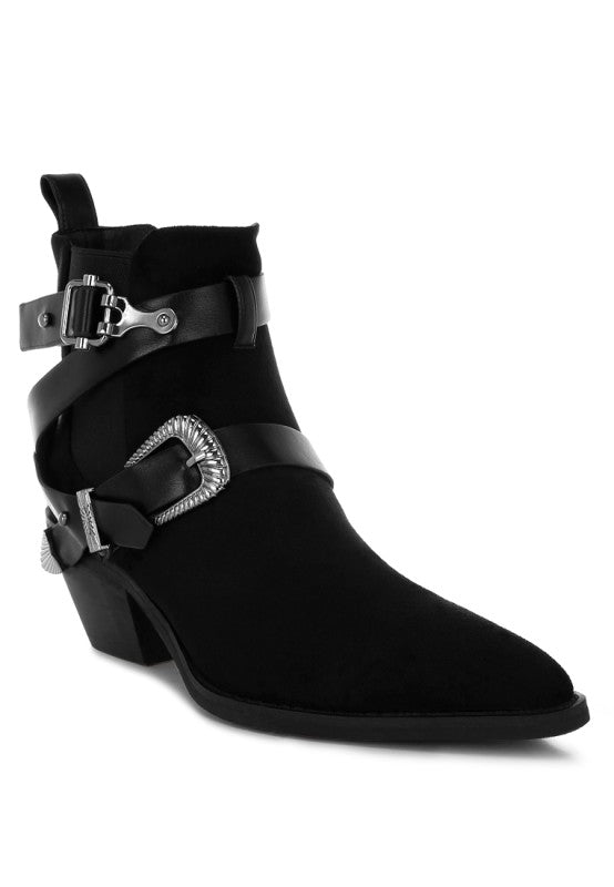  Microfiber Buckle Strap Western Boots 