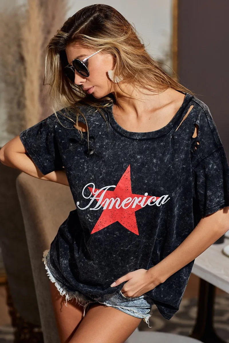 BiBi Laser Cut Mineral Washed Jersey Top with  America Trendsi