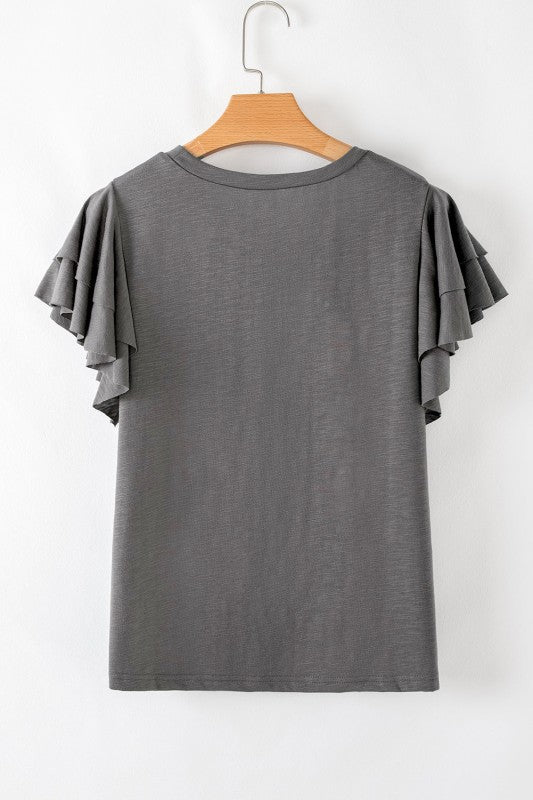 Solid Layered Ruffle Short Sleeve Round Neck Top JUNIPER BLVD