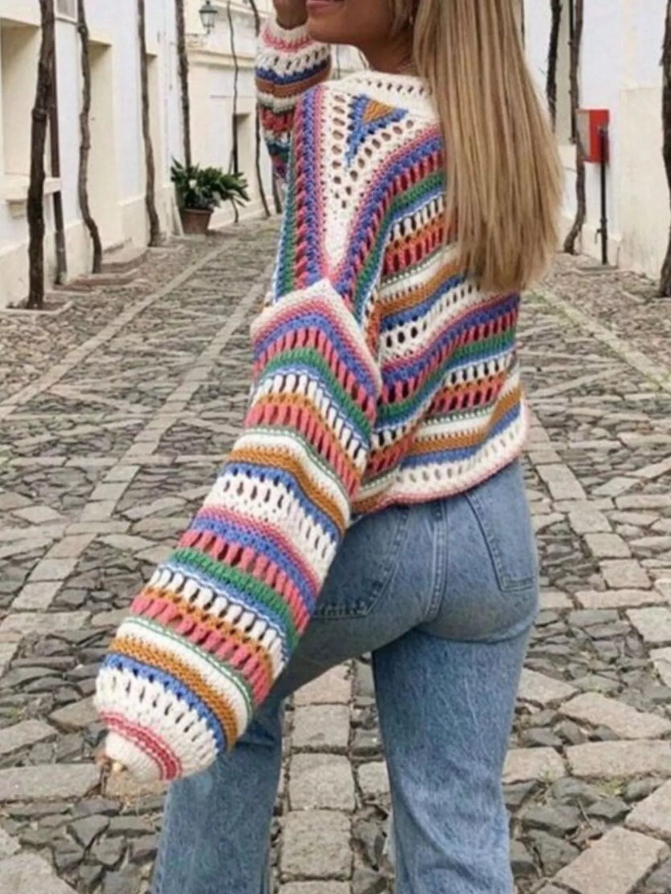 Striped Crochet Knit Cardigan Trendsi