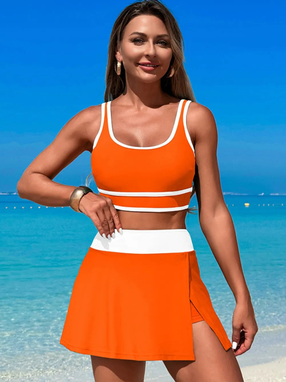 Scoop Neck Top and Skort Swim Set 