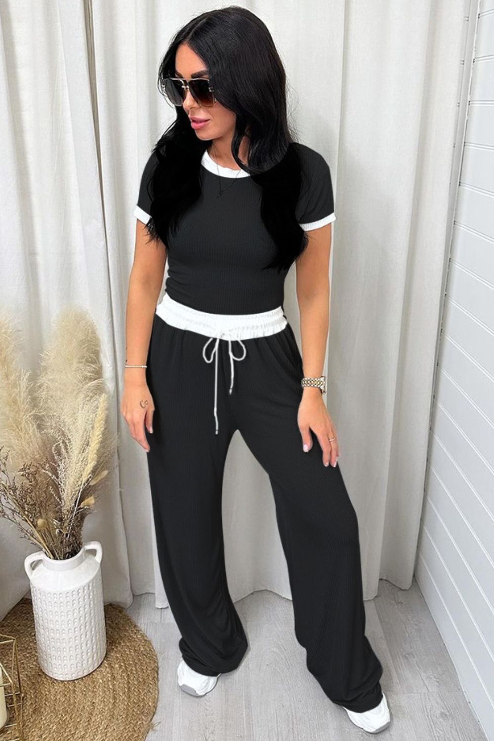 Contrast Trim Round Neck Top and Pants Set Trendsi