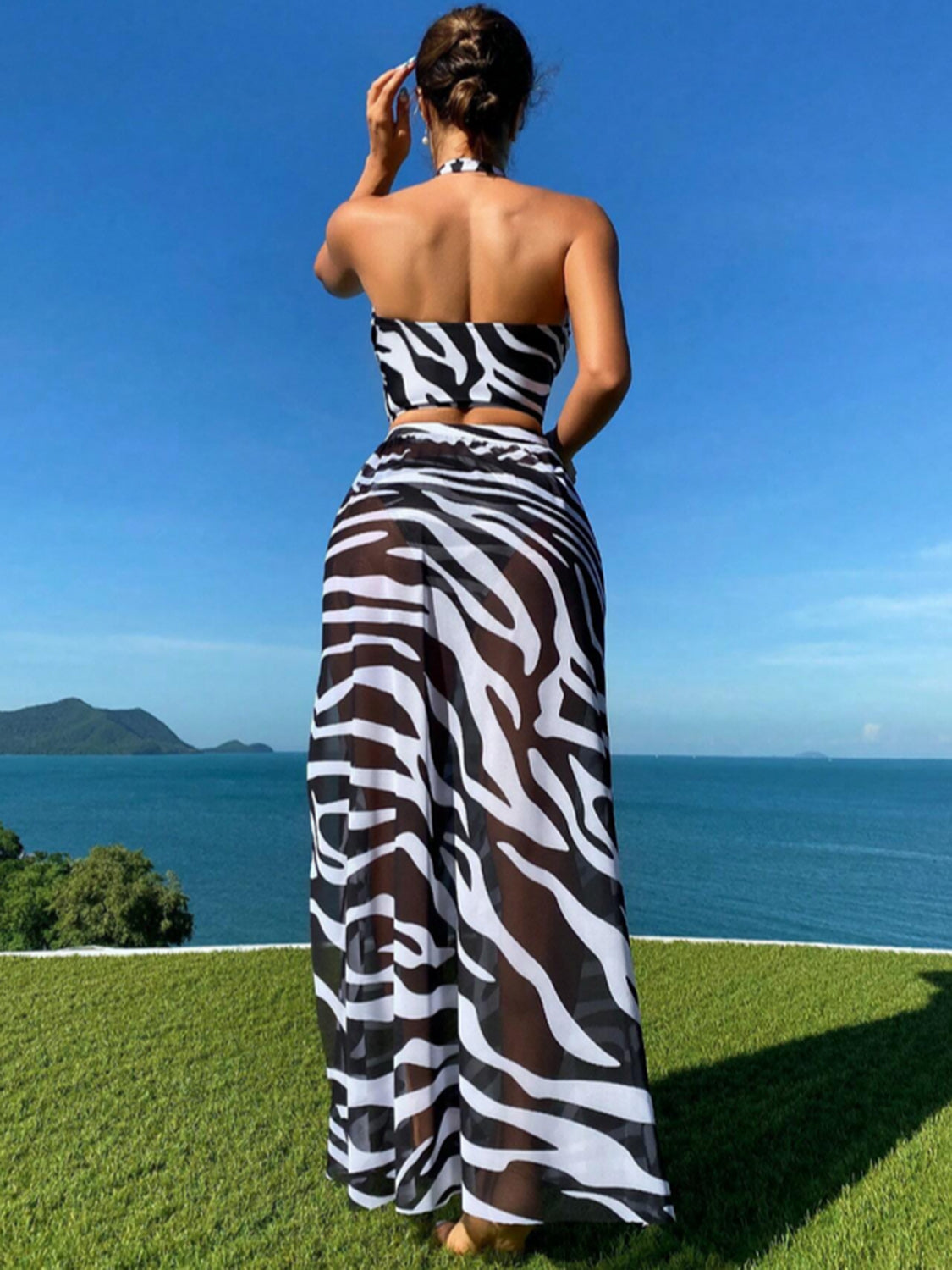 Printed Halter Neck Three-Piece Swim Set Trendsi