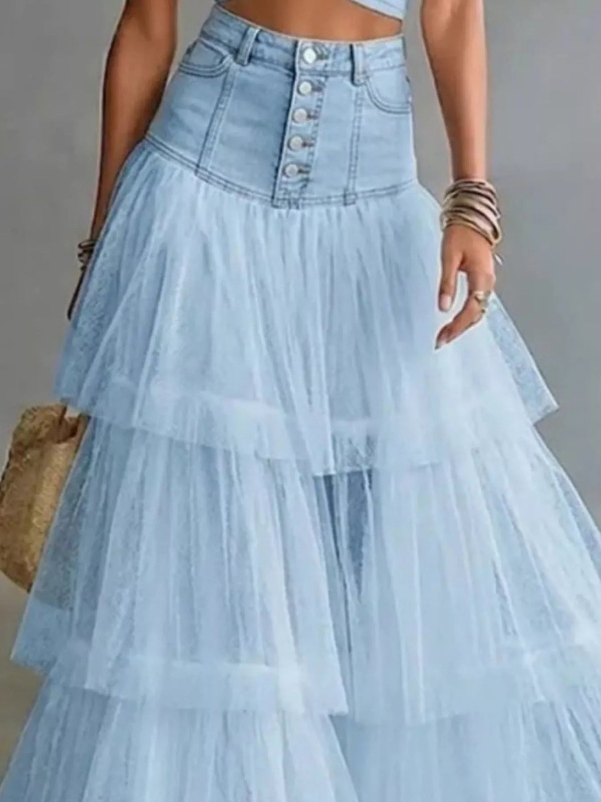 High-Waisted Button-Front Denim and Tulle Maxi Skirt Trendsi