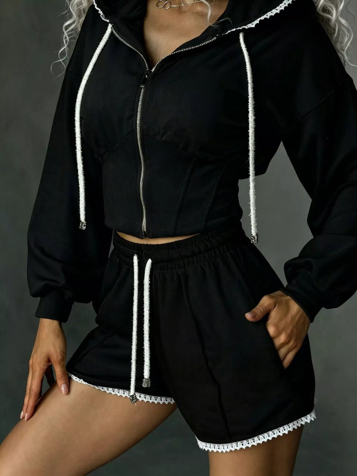 Drawstring Zip-Up Hoodie and Shorts Set 