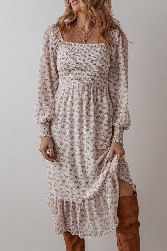 Floral  Shirred Ruffled Hem Square Neck Midi Dress YNIQUE