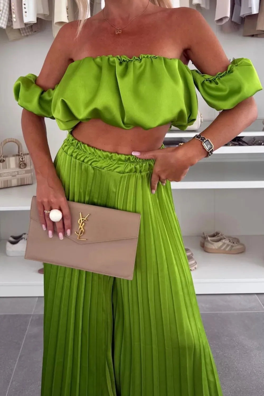 Off-Shoulder Top and Pleated Pants Set Luckygirlsclothingcompany.com