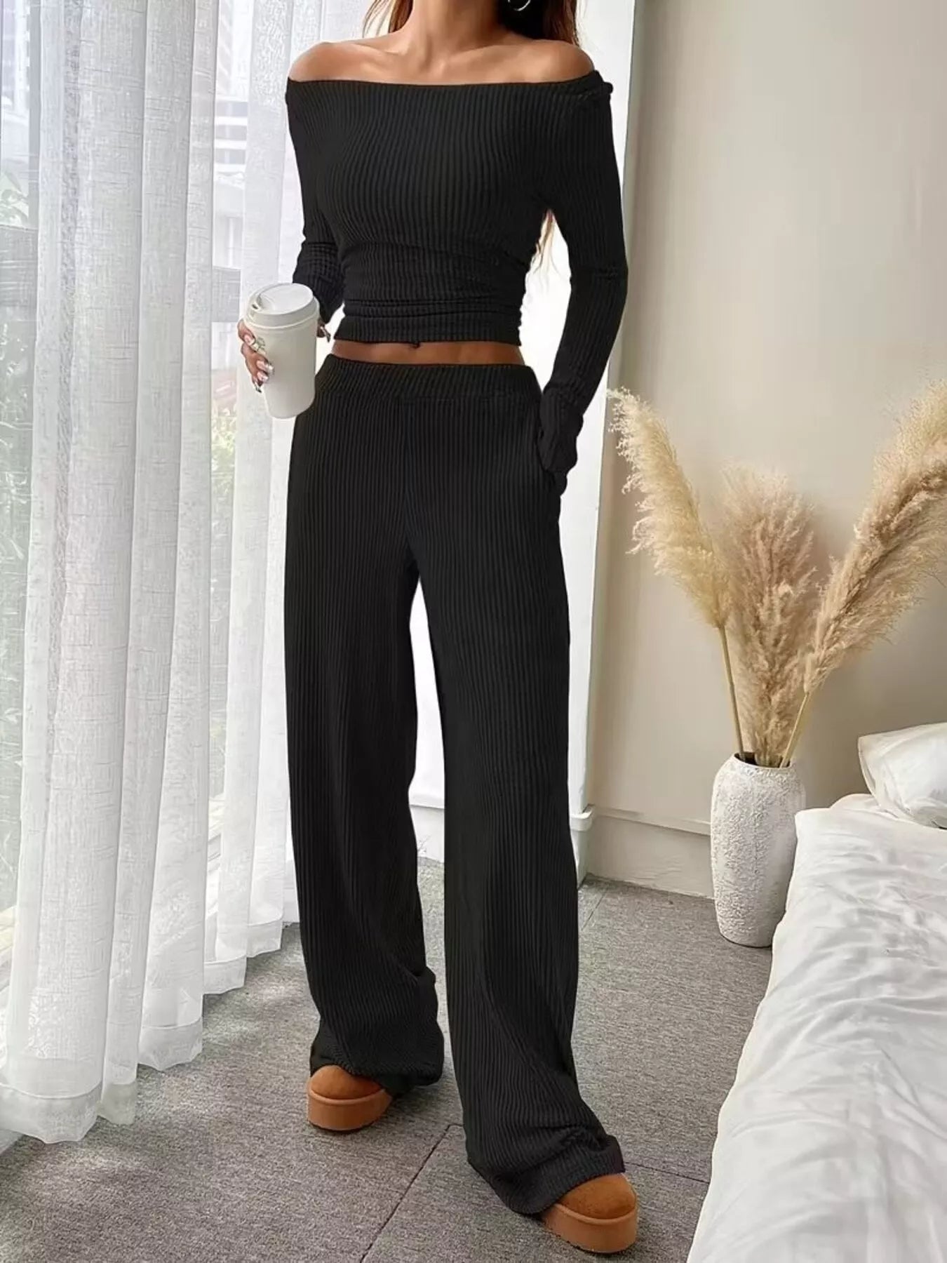 Ribbed Knit Boat Neck Top and Pants Set
