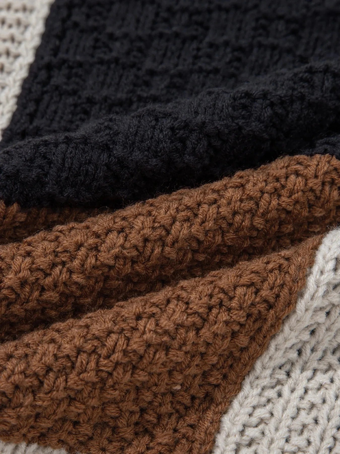 Multicolour Color Block Cable Knit Sleeve Buttons Collared Sweater 