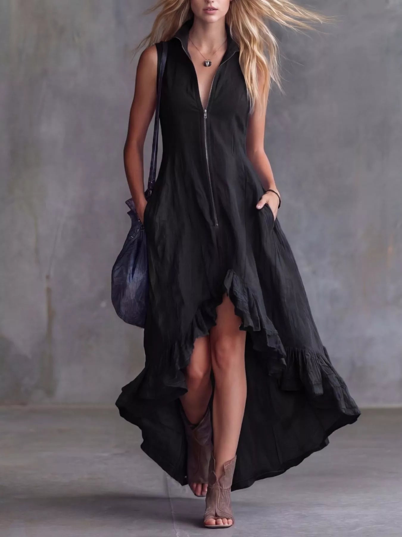 Full Size High-Low Ruffled Zip Front Dress Plus Size Trendsi