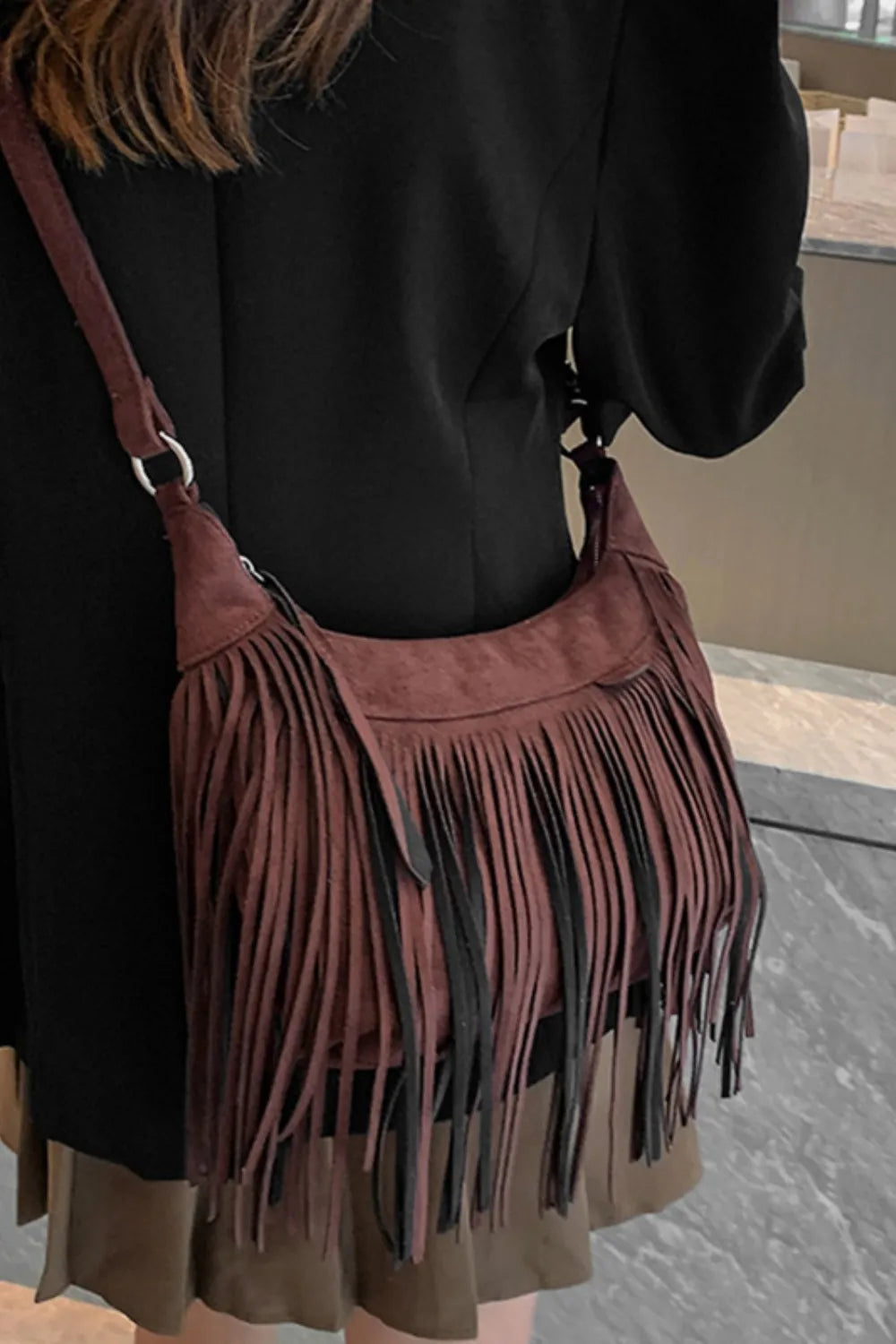 Suede Fringe Adjustable Strap Shoulder Bag 