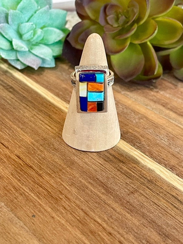 Handmade Sterling Silver & Multi Stone Inlay Ring 