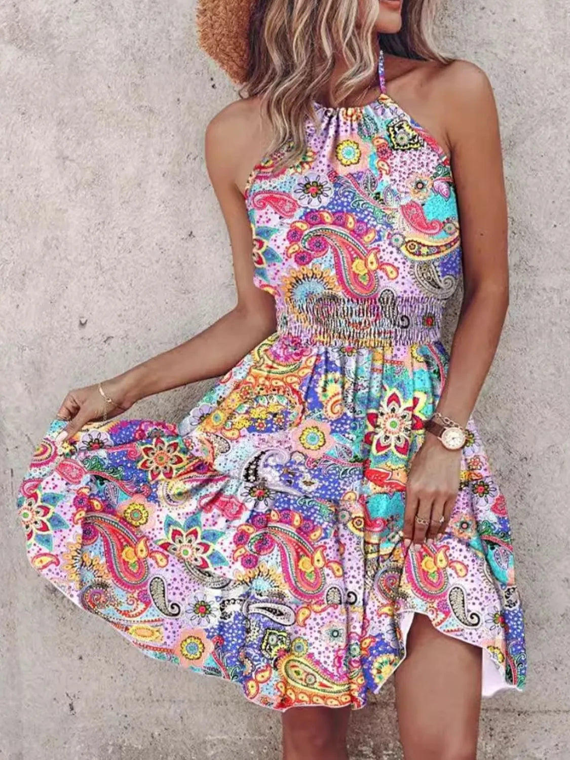 Paisley Print Halter Neck Mini Dress Trendsi