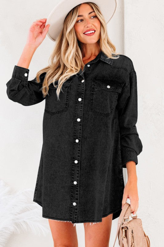 Solid Denim Chest Pocket Raw Hem Shirt Dress 
