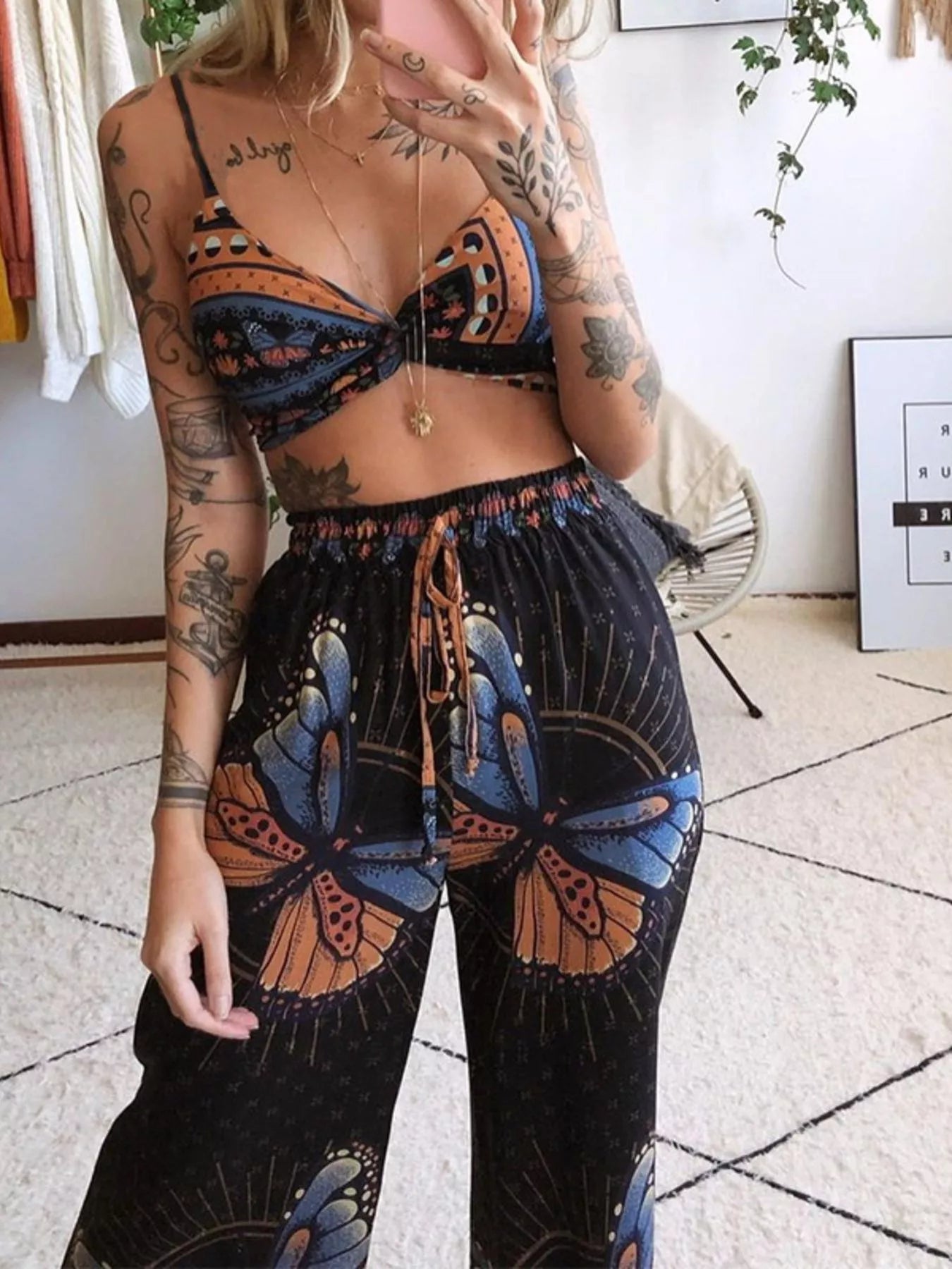 Boho Butterfly Print Top and Pants Set 