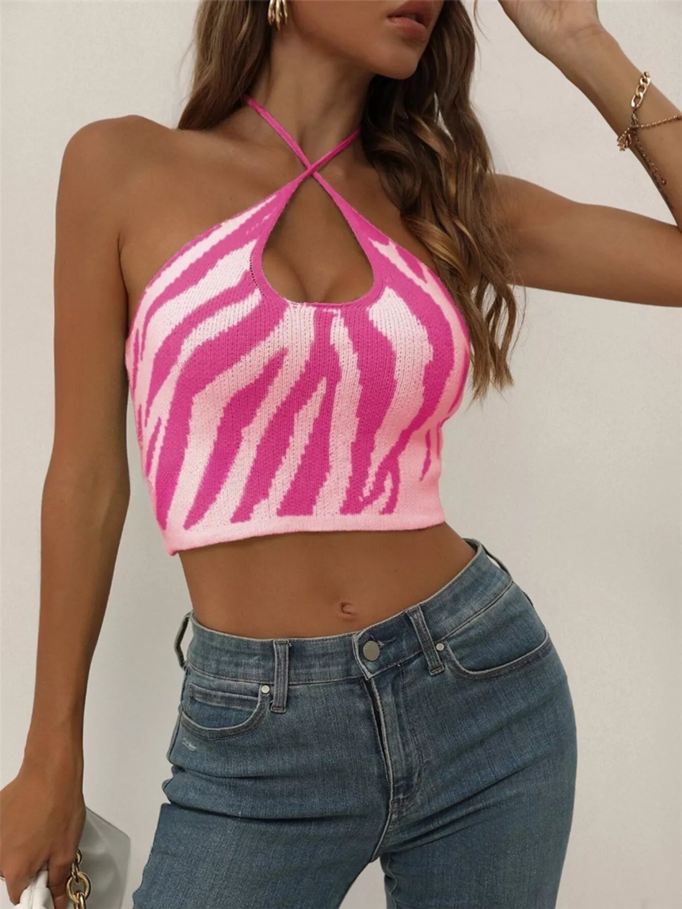 Contrast Halter Neck Knit Cami Trendsi