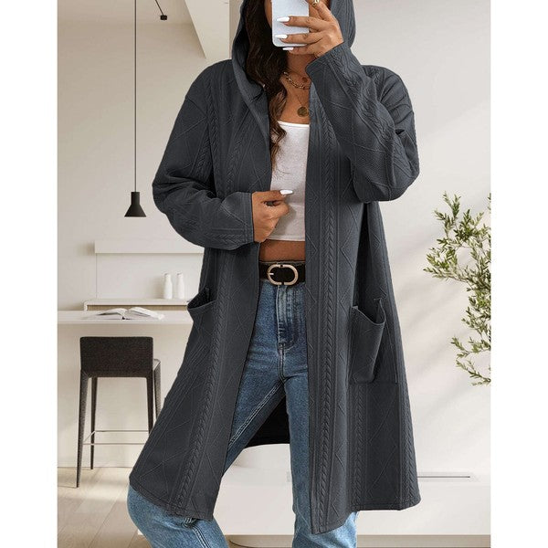 Womens Long Cardigans Cable Knitted Open Front 
