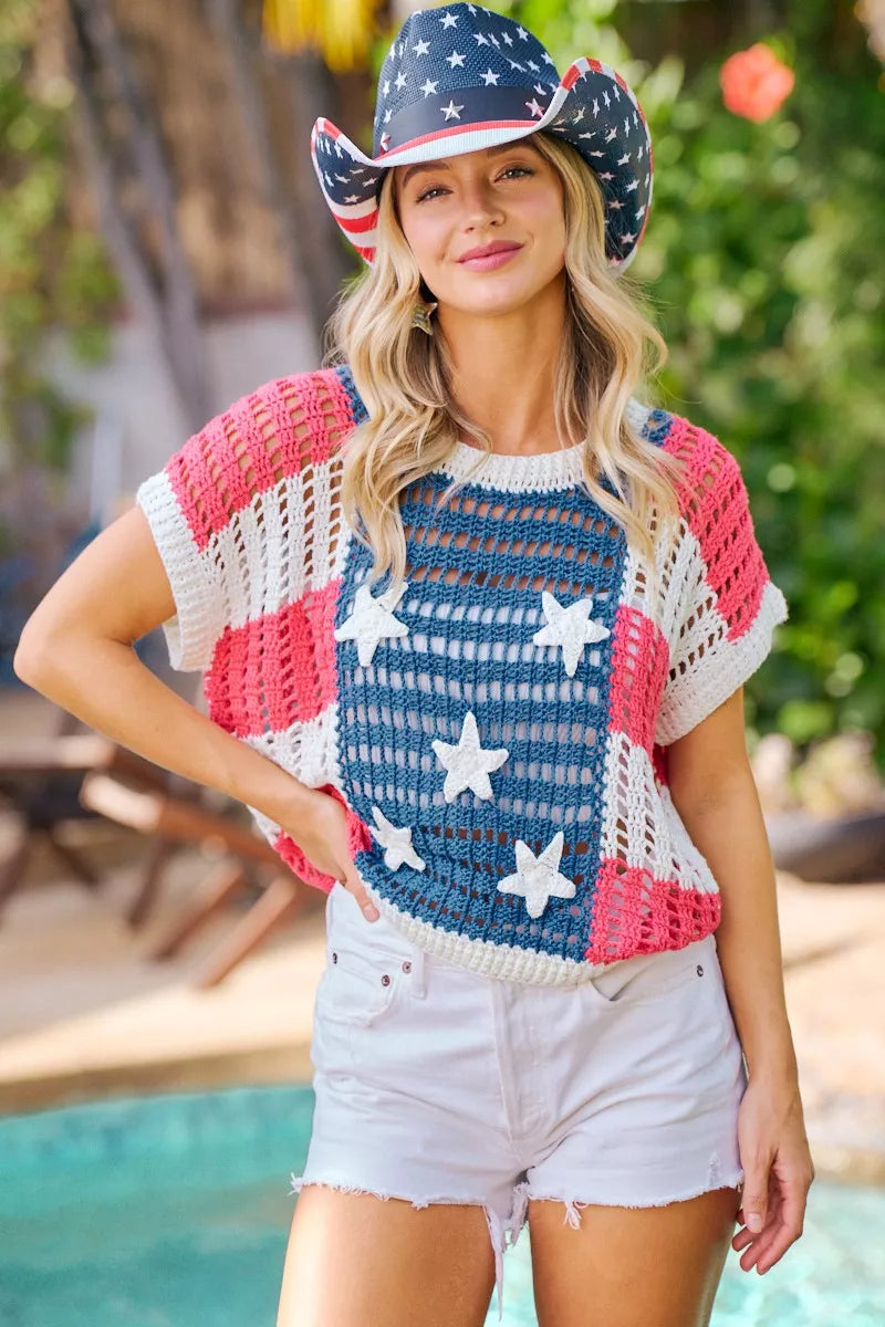 BiBi Crochet Star Patches 4th Of July Sweater Cover Up 