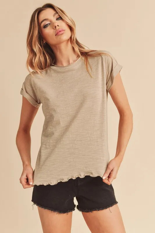 Aemi + Co Lettuce Edge Round Neck Short Sleeve T-Shirt 