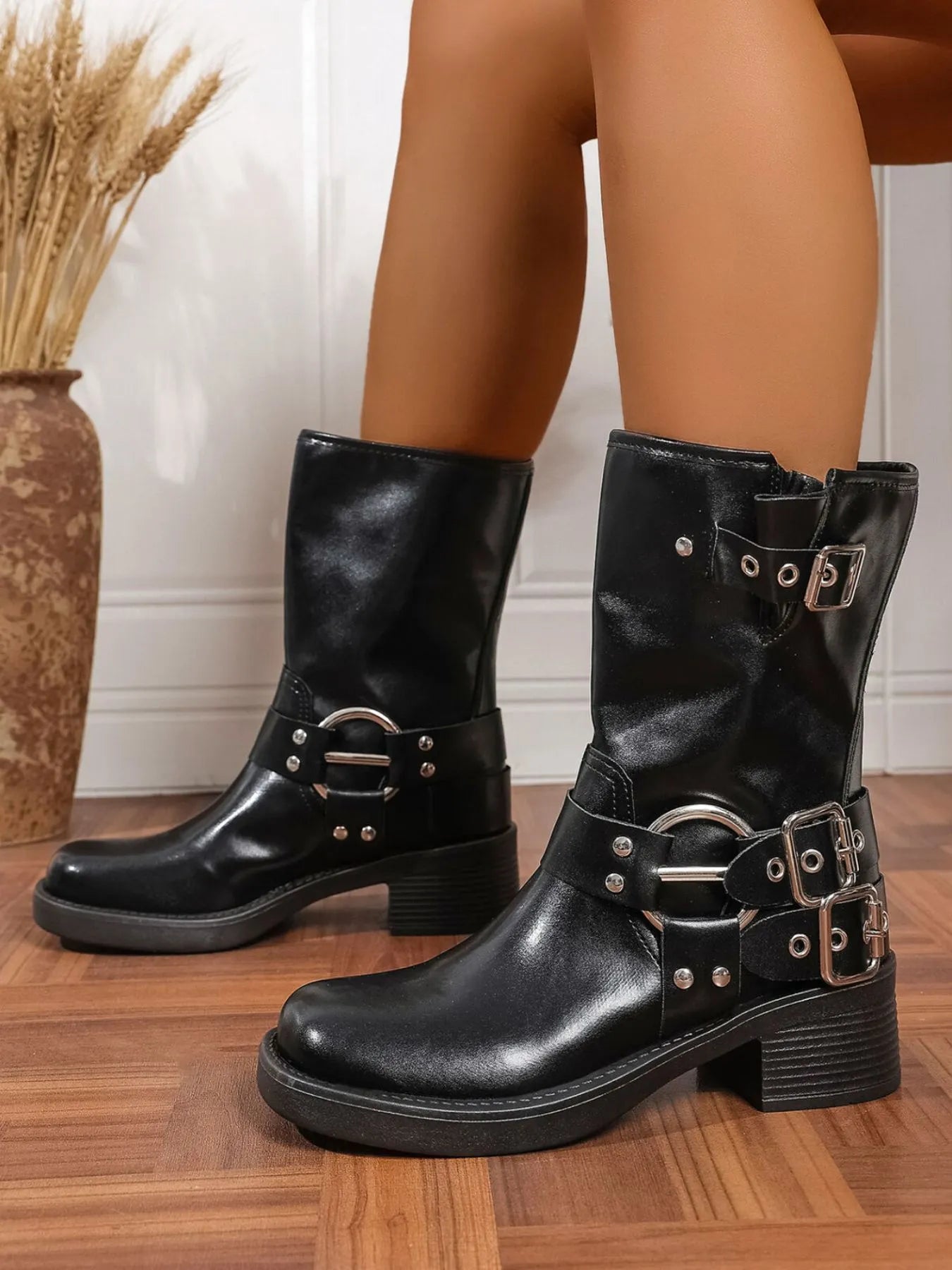 Round Toe Block Heels Boots 