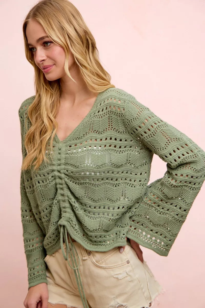 BiBi Pointelle Knit V Neck Ruched Front Lightweight Top Trendsi
