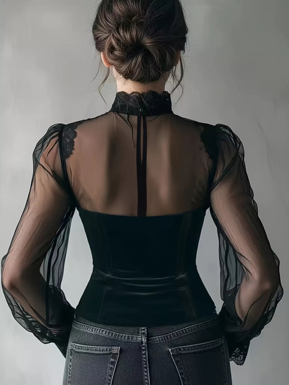 Lace Trim Velvet Sheer Sleeve Blouse Trendsi
