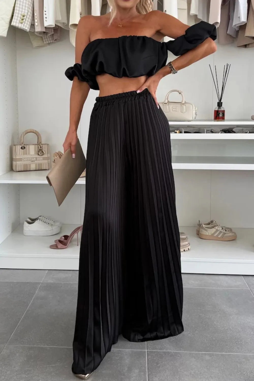 Off-Shoulder Top and Pleated Pants Set Luckygirlsclothingcompany.com