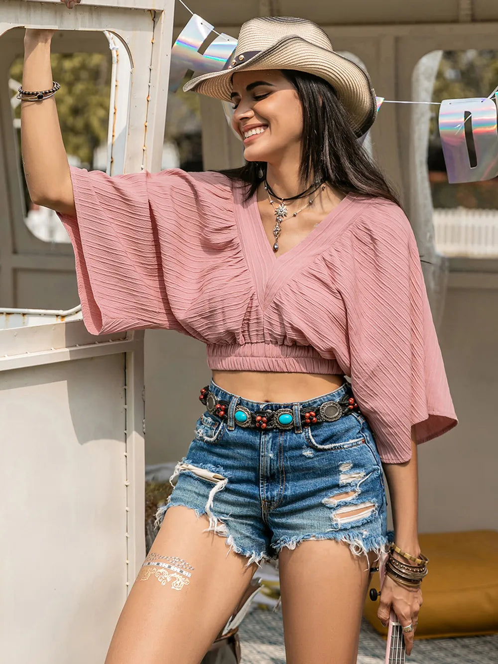 Textured V-Neck Crop Top 