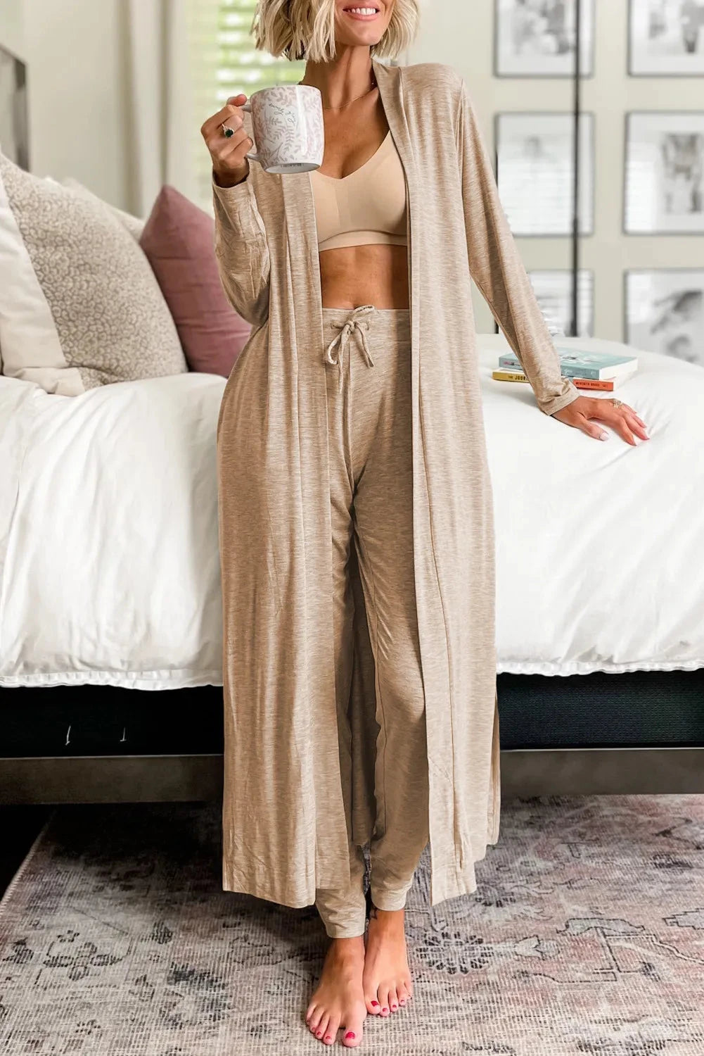 Open Front Long Sleeve Cardigan and Pants Lounge Set 