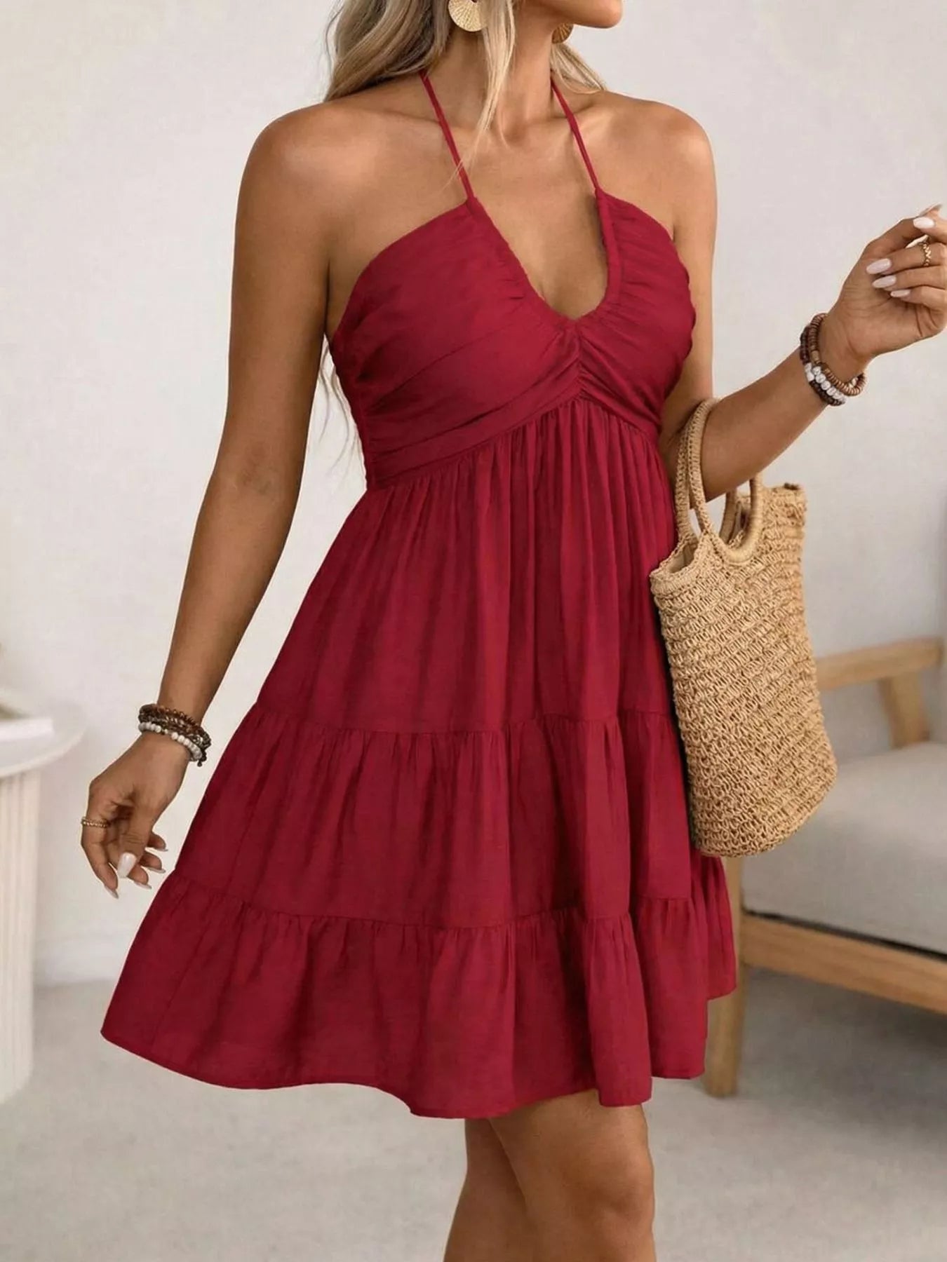 Plus Size Halter Neck Tiered Ruffle Hem Mini Dress Luckygirlsclothingcompany.com