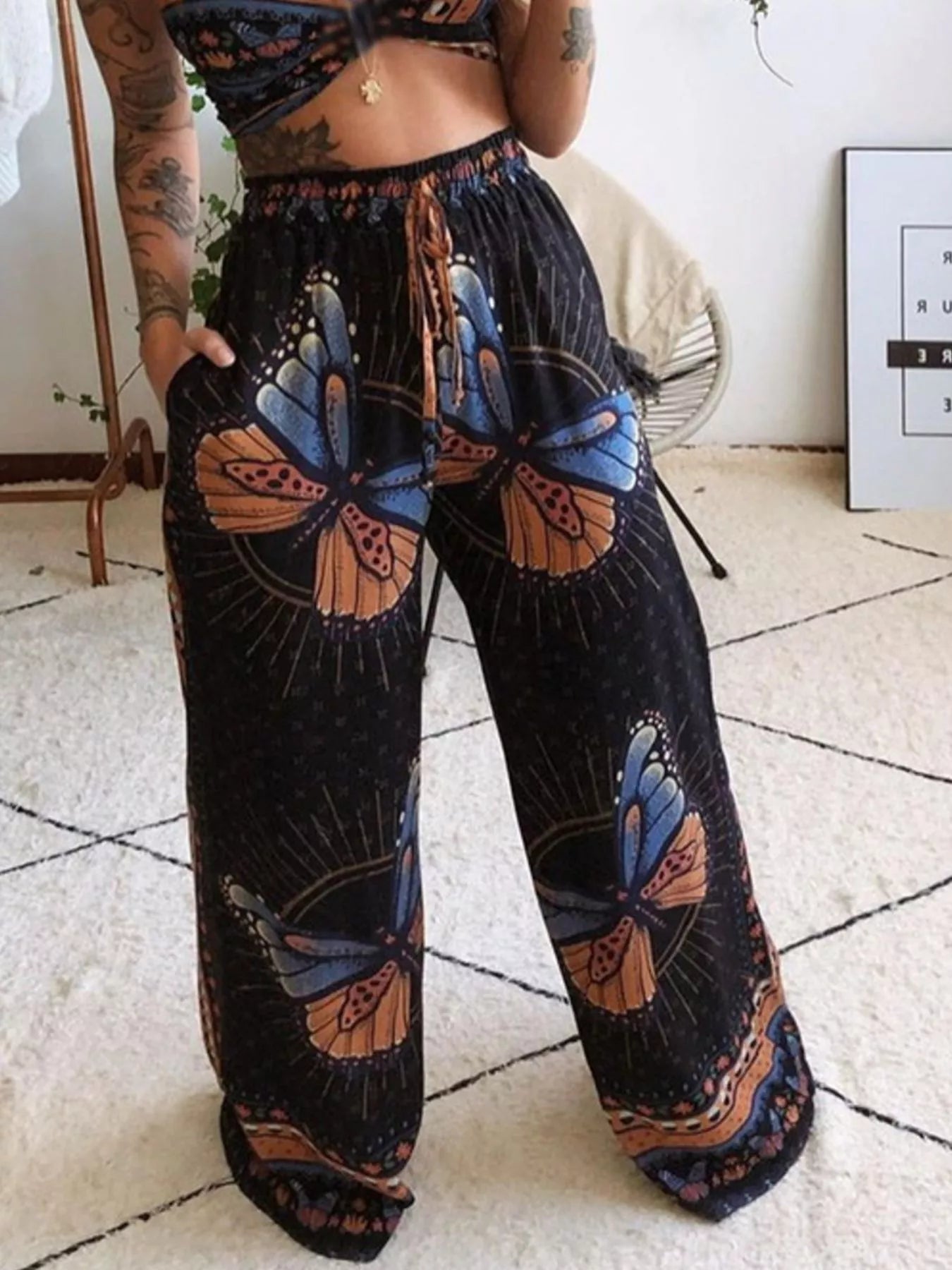 Boho Butterfly Print Top and Pants Set 