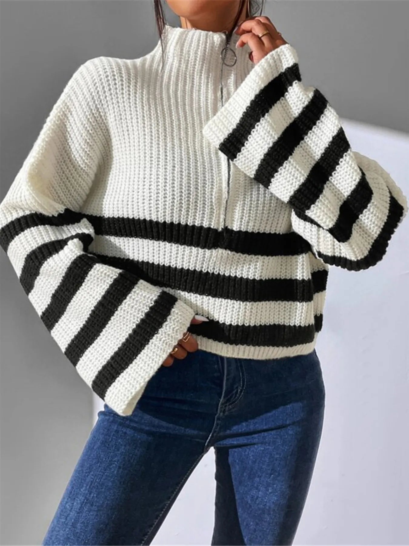 Striped Half Zip Cropped Sweater 